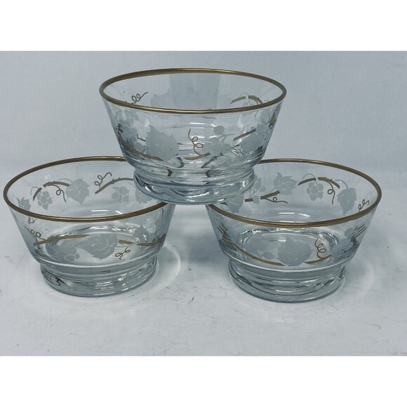 Vtg Libbey Ivy Bower Glass Fruit Dessert Bowl Set of 3 Gold Rim Etched Leaf - Picture 2 of 7